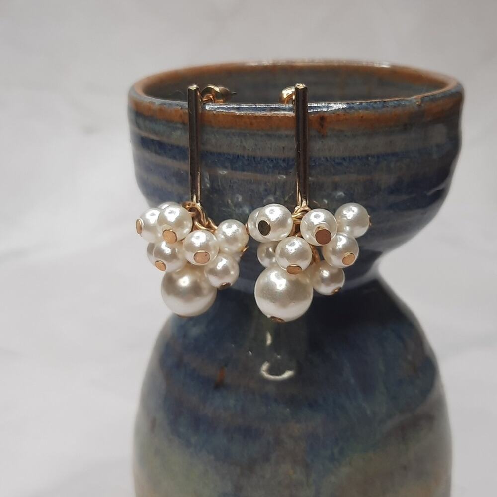Gold and Faux Pearl Cluster Drop Earrings